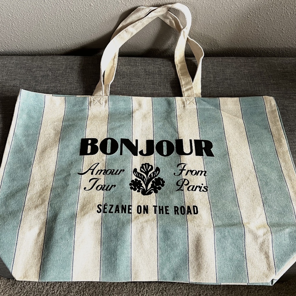 Sezane Blue and White Striped Canvas Tote Bag